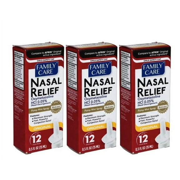 Family Care Nasal Relief Spray, 12 Hour Pump Mist, 0.5 fl. Oz., Severe Congestion, Oxymetazoline HCI Nasal Decongestant, Compare to Afrin Original Nasal Spray
