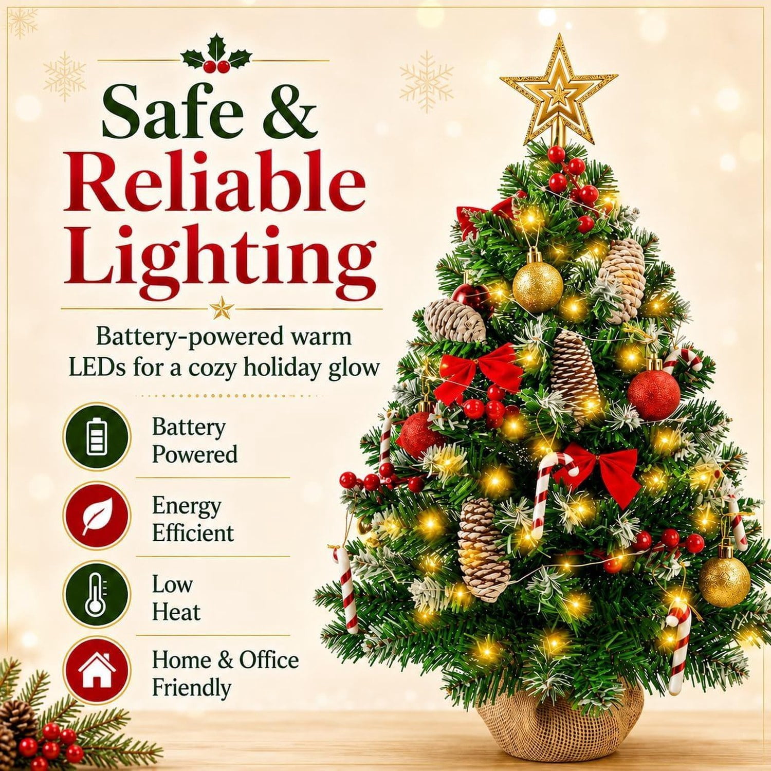 Pre-Lit Mini Christmas Tree with 30 LED Lights, Star Topper, Ornaments and Gift Boxes, 23 in Tabletop Holiday Decoration for Home, Office or Desk