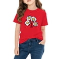 thumbnail image 2 of Red Girls Daisy Print T-Shirt, Cotton Short Sleeve Tee for Kids, Cute Flower Kids & Little Girl Top, Casual Play Shirt,Size 9 T, 2 of 9