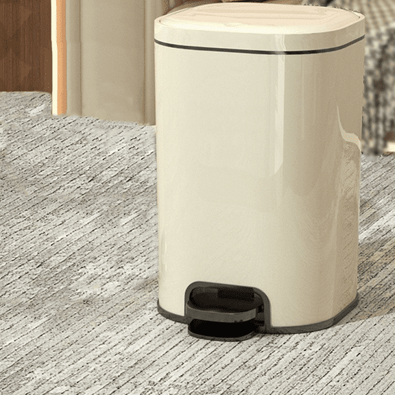 syligr 8 Gallon Step-On Trash Can with Double Lid, Hands-Free Pedal & Press Top Garbage Bin, Odor Sealing Kitchen Bathroom Bedroom Office Can, Large Opening, Beige, Plastic Construction