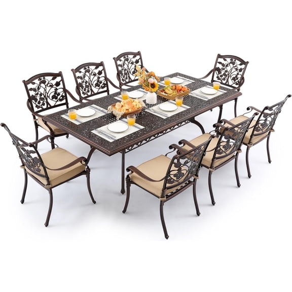 ATKELITION 9 Piece Strawberry Outdoor Dining Set Cast Aluminum Patio Dining Set for 8 Includes 86.6” Table and 8 Chairs with Cushions and Umbrella Hole