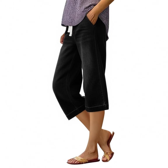 Elastic Waist Capris for Women Jeans Wide Leg Stretchy Pull On Petite Denim Pants Pull On Loose Denim Capris with Pockets Black XL
