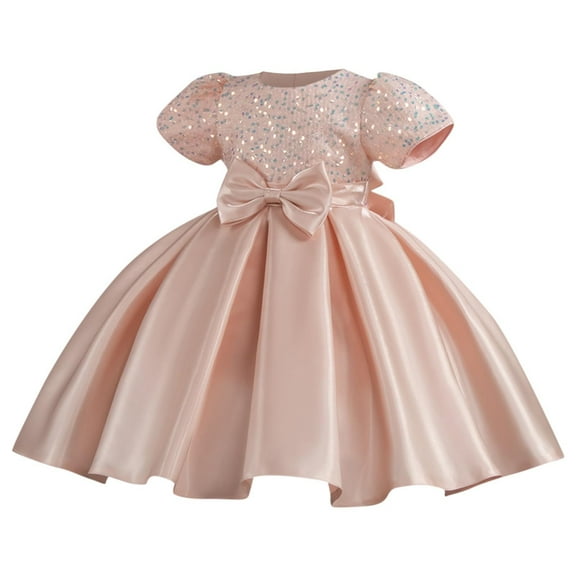 AUNVITO Girls Short Sleeve Round Neck Dress Sequins Tulle Mesh Puffy Princess Luxury Design Evening Party Formal