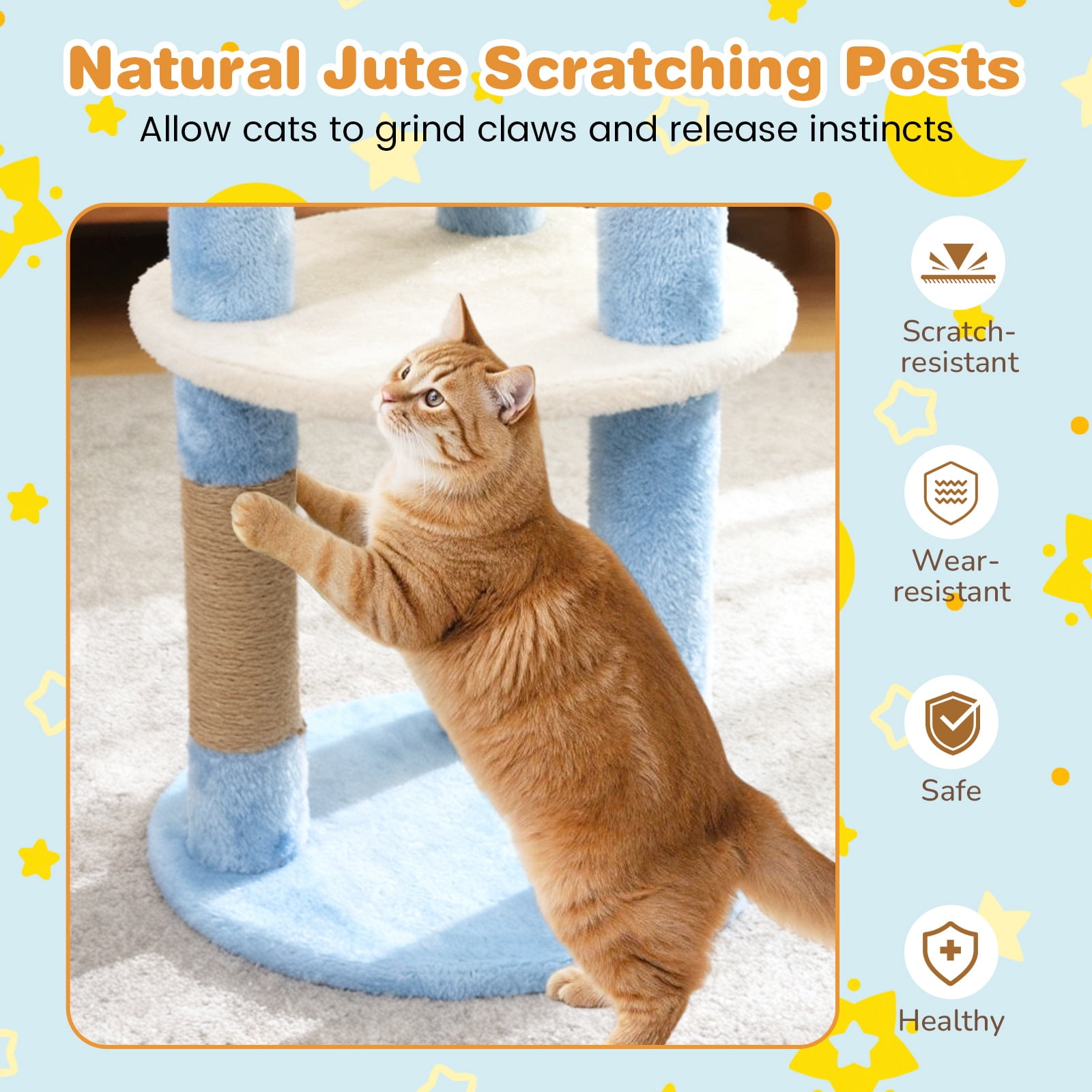 Costway 29” Cute Modern Cat Tree with Star & Moon Shaped Platforms, Jute Scratching Posts Blue