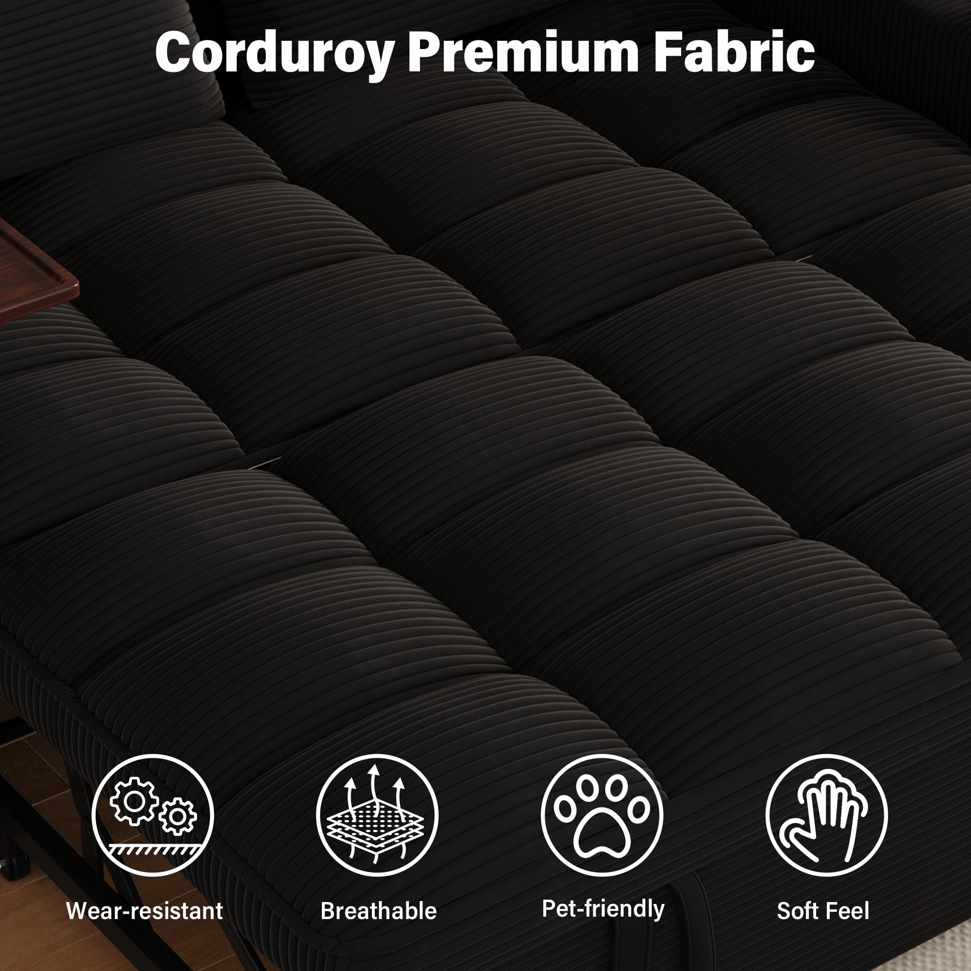 Aukfa 65"W Convertible Sofa Bed with Storage, 3-in-1 Corduroy Queen Sleeper Sofa Couch with 360° Swivel Side Table & USB /Type-C Ports,Black