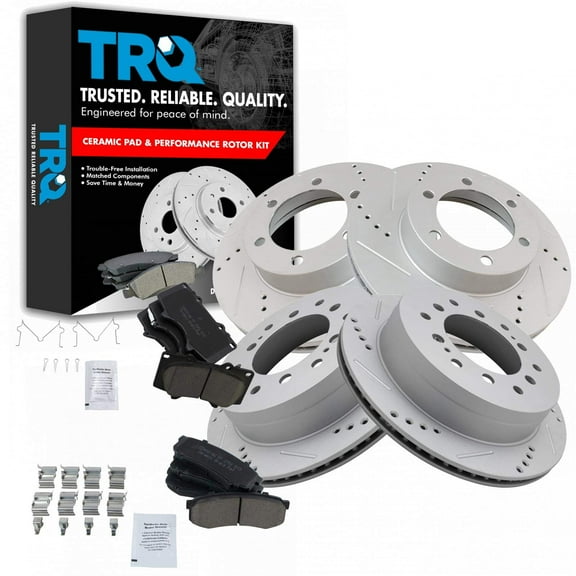 TRQ Front and Rear Performance Brake Pad & Rotor Kit Brake Pads Brake Rotors Set Ceramic Premium G-Coated Fits Select 2003-2007 Toyota Sequoia
