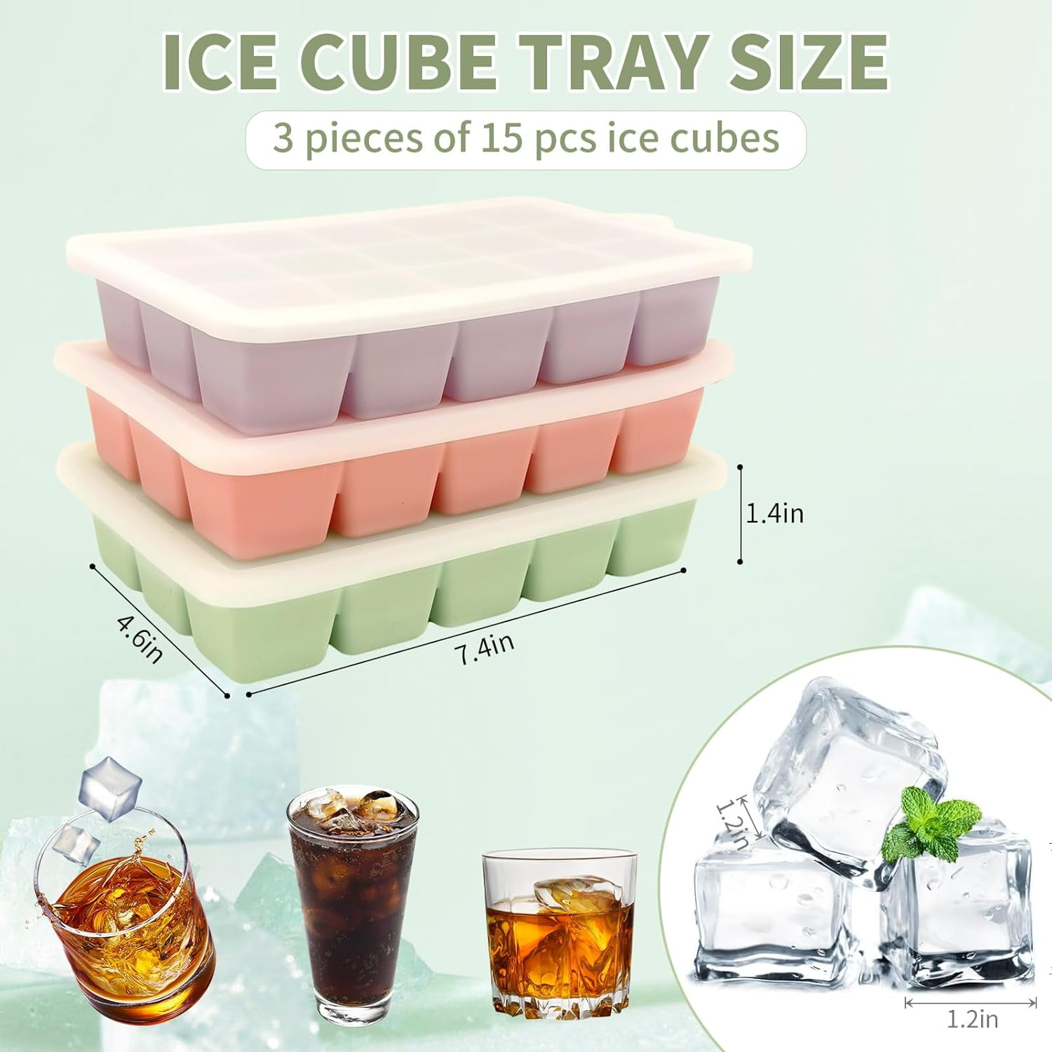 3Pcs Silicone Ice Cube Tray, Square Ice Cube Tray with Lid, Easy-Release Flexible 15 Ice Cubes, Reusable Ice Cube Molds for DIY Cold Drinks.