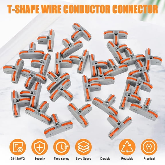 30PCS T Shape Lever Nut Wire Connector, Quick Splitter 3 Way Electrical Connectors