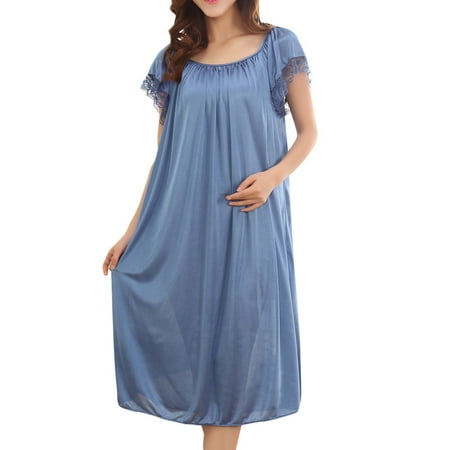 Hontri Lingerie for Women  Women Summer Home Lace Ice Silk Short Sleeve Loose Plus Oversize Nightgown Dress Blue One Size under $10