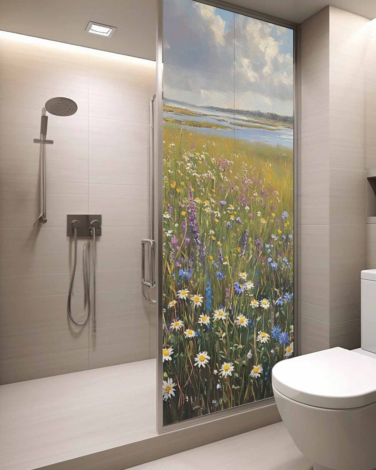 Window Privacy Film Spring Floral Stained Glass Window Film Decorative Sun Block Window Cover Modern Oil Painting Summer Botanical Window Clings Static Adhesive Sticker for Bathroom 29.5"x78.7"