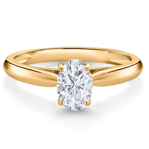 Gem Stone King 10K Yellow Gold White Moissanite Solitaire Engagement Ring for Women (0.90 Cttw, Oval 7X5MM, Gemstone Birthstone, Size 5)