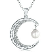 Gallery Gems Textured Moon CZ & Freshwater Pearl Necklace in Rhodium over Sterling Silver