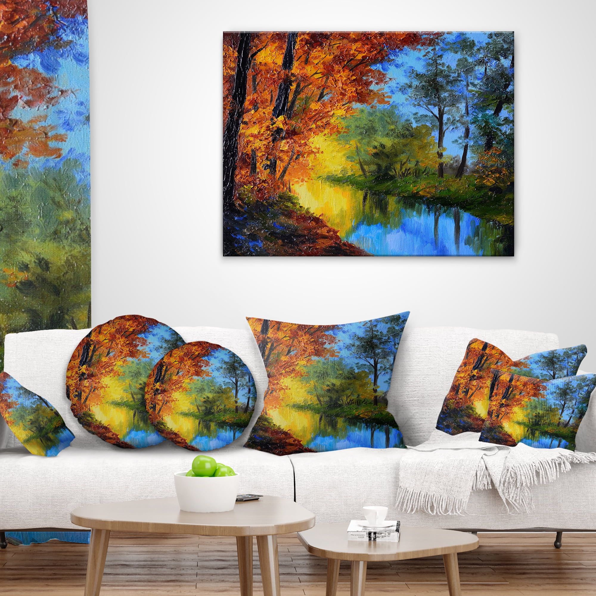 Designart Autumn Reflecting in River - Landscape Printed Throw Pillow - 16x16
