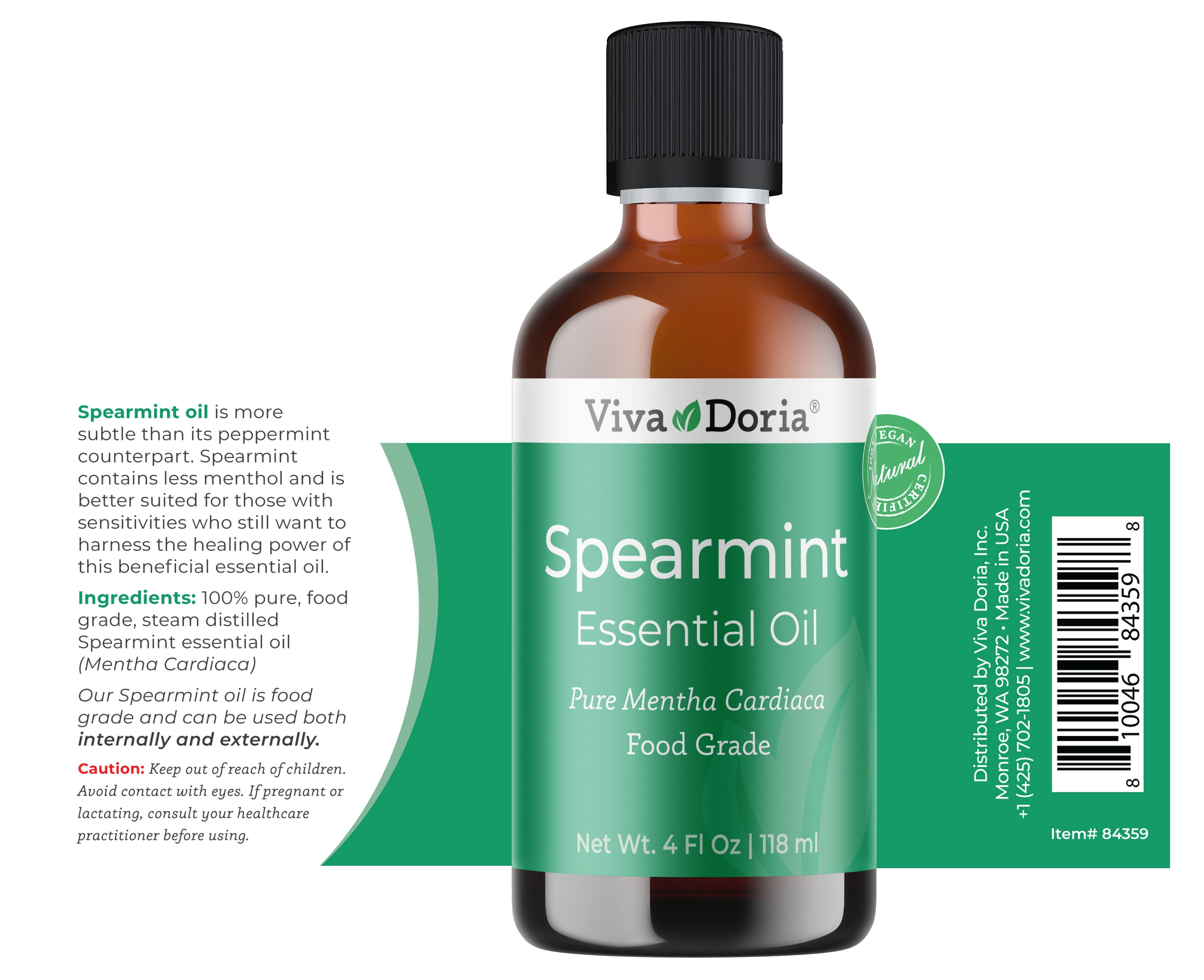 Viva Doria Spearmint Essential Oil, 118 ml (4 fl oz) – Food Grade, 100% Pure, Natural for Aromatherapy