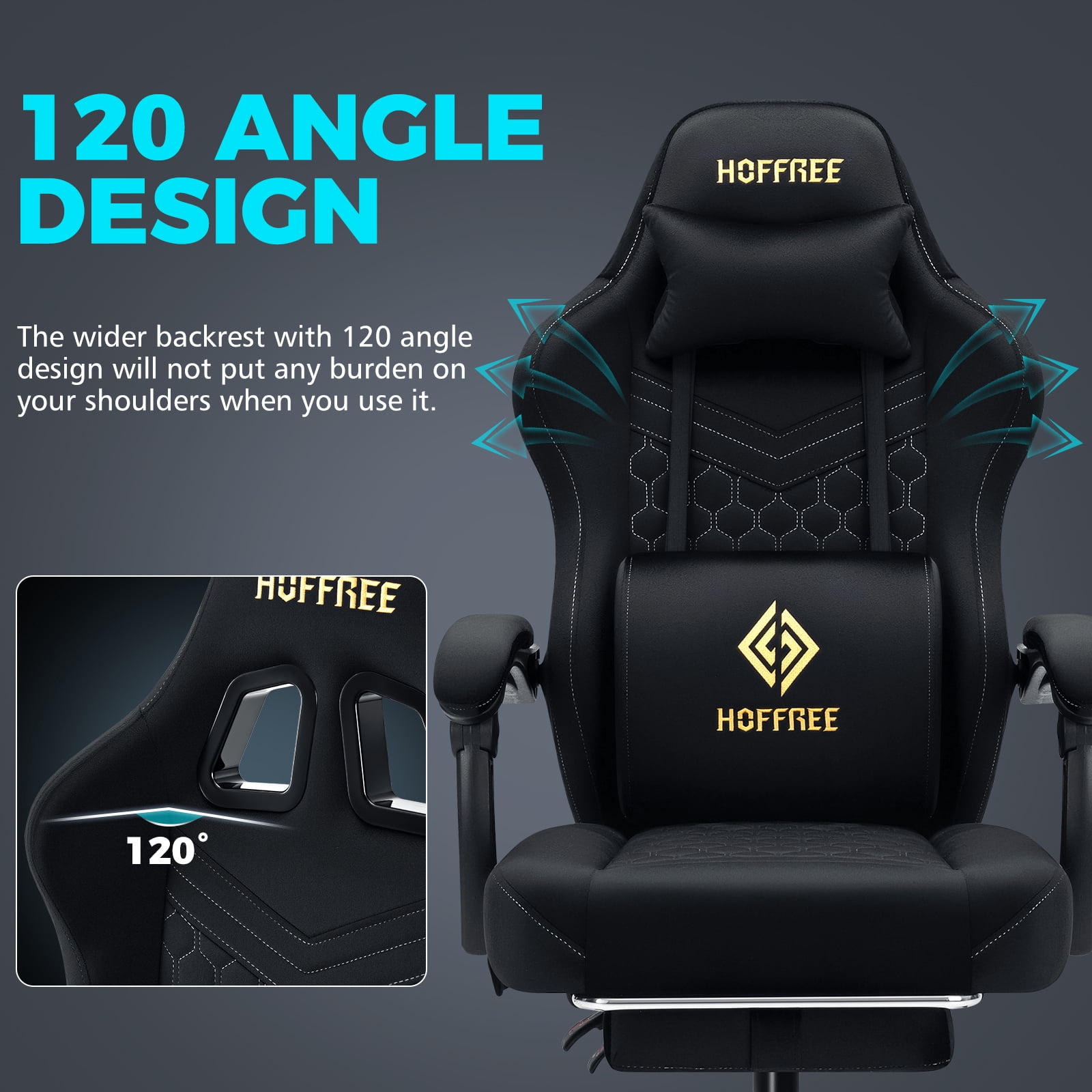 HOFFREE Gaming Chair with Massage and Footrest Skin-friendly Gamer Chairs for Adults Big and Tall Video Game Chair with Headrest and Lumbar Support for Office and Home Black