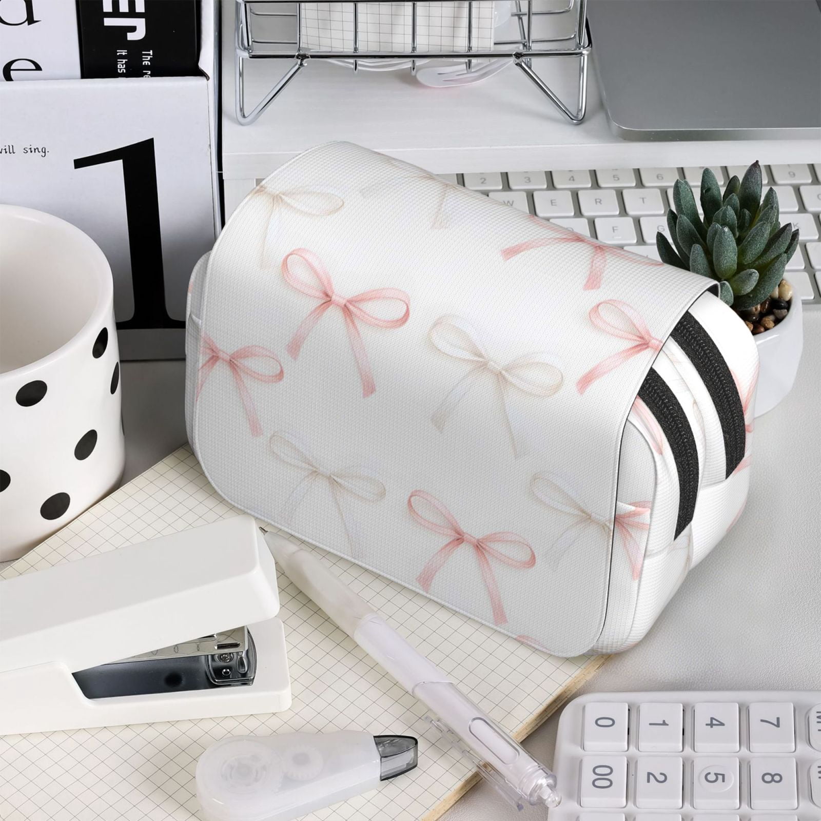 Large-Capacity Flip-Top Double-Layer Pencil Case, Multi-Functional Pocket Pen Case, Durable Stationery Organizer Pink And White Bow Tie