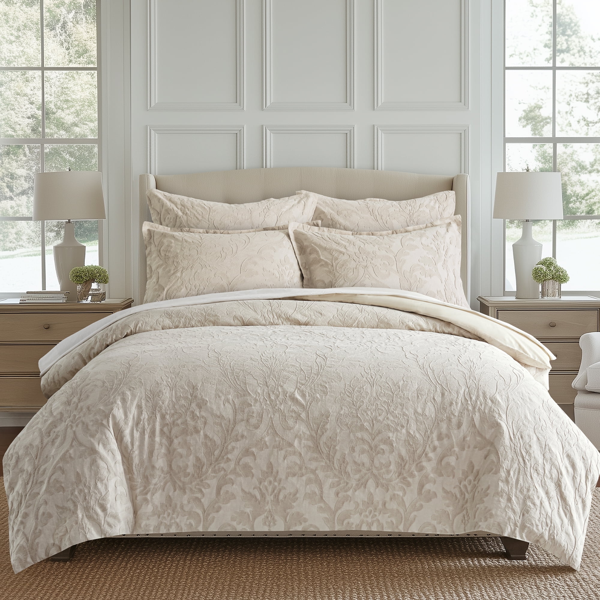 Levtex Home - Alessio Beige Duvet Cover Set - Full/Queen Duvet Cover + Two Standard Pillow Cases - Floral Damask - Beige and Cream - Duvet Cover (90 x 94in.) and Pillow Case (26 x 20in.) - Cotton