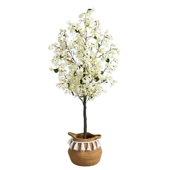 Nearly Natural 5ft. Artificial Bougainvillea Tree with Handmade Jute & Cotton Basket with Tassels, White