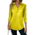 thumbnail image 3 of Mohiass 3/4 Sleeve Elegant Blouse Women Spring Formal Ruched Shirt Solid Lightweight V Neck Fitted Tops Yellow M, 3 of 5