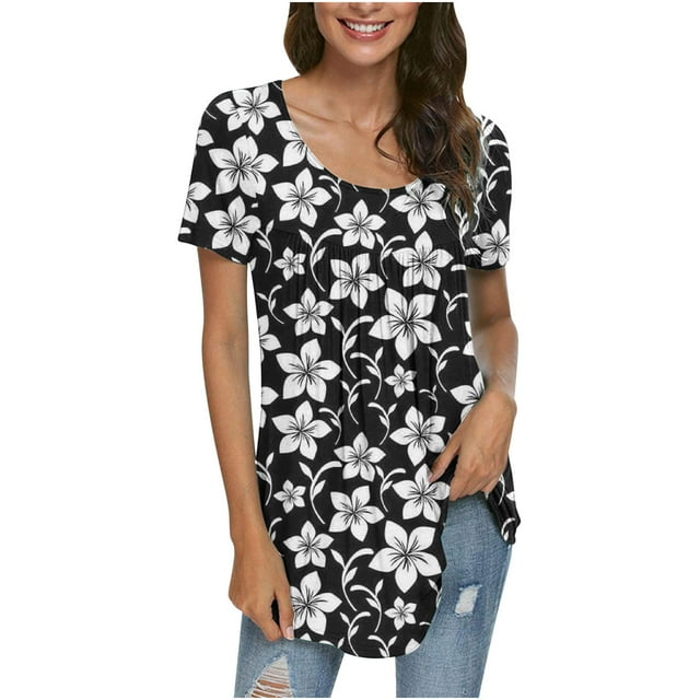 Pisexur Hauts pour Femmes 2023 Été Grande Taille Tuniques Décontractées à Col Rond Chemises à Manches Courtes Pétale Coupe Ample Blouse Mignonne