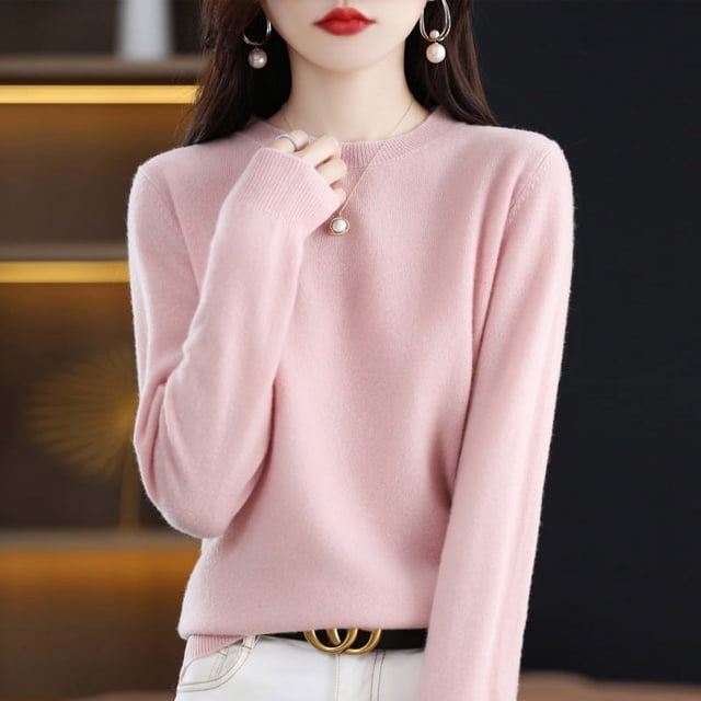 Suéter de cachemira pura de otoño e invierno para mujer, jersey corto de cuello redondo, jersey de manga larga de lana de tubo recto, suéter versátil