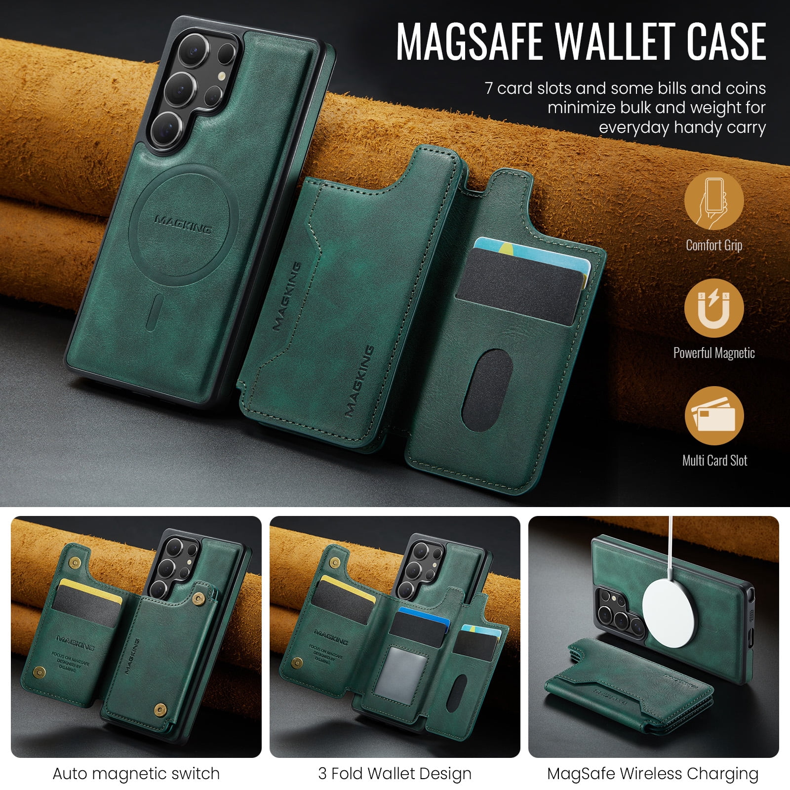 Designed for Samsung Galaxy S24 Ultra Wallet Phone Case,Magnetic Detachable Flip Card Holder,Back Flip Kickstand,Compatible with Mag-Safe,2-in-1 PU Leather Heavy Duty Shockproof Phone Case,Green