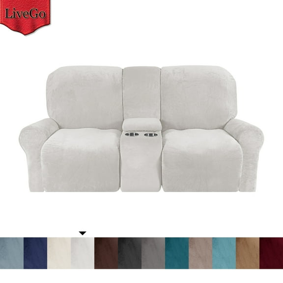 LiveGo 2 Seater Velvet Recliner Sofa Slipcover with Cup Holders, Stretch Loveseat Recliner Sofa Cover with Console Slate, Slipcover Protector for Living Room