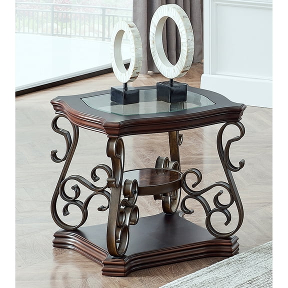 Veryke Luxury End Table, Glass Top Sofa Side Tables - Dark Brown