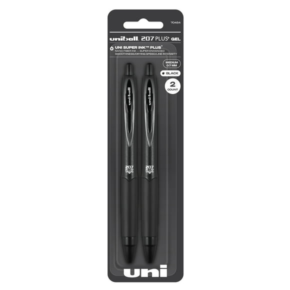 Uniball 207 Plus+ Retractable Gel Pens, Medium Point (0.7mm), Black Barrel, Black Ink, 2 Count