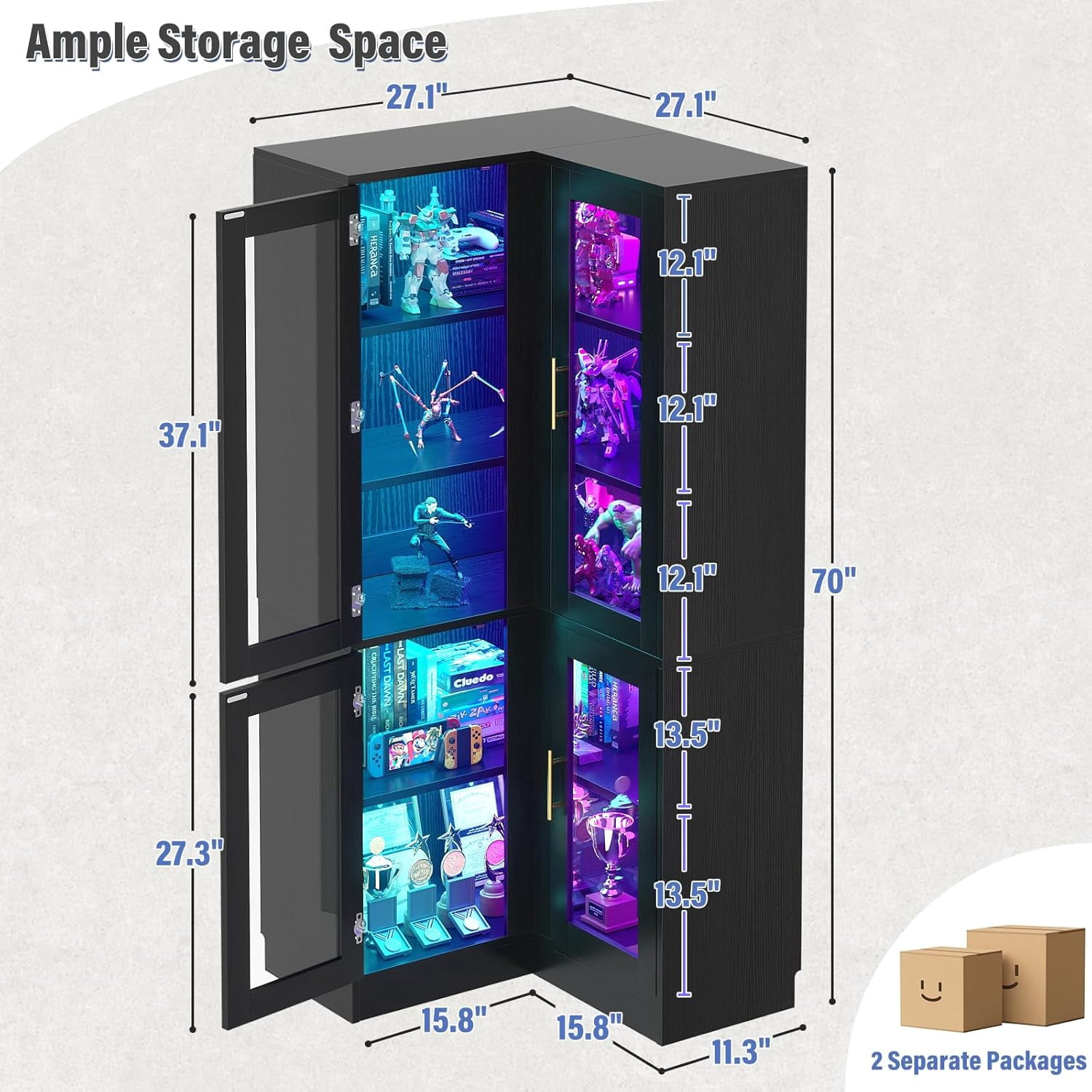 Homieasy 70'' Tall Corner Pantry Cabinet, L Shaped Kitchen Hutch Cabinet with LED Lights, Glass Doors & Adjustable Shelves, Storage Cabinet for Dining, Kitchen, Closet, Black
