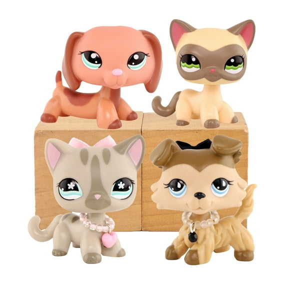 Mini lps Shop Pet Toys Set Dachshund #2046 Collie #893 Shorthair Cat #468 Siamese Cat #1116 with Bow Necklace Accessories,Bobble-head