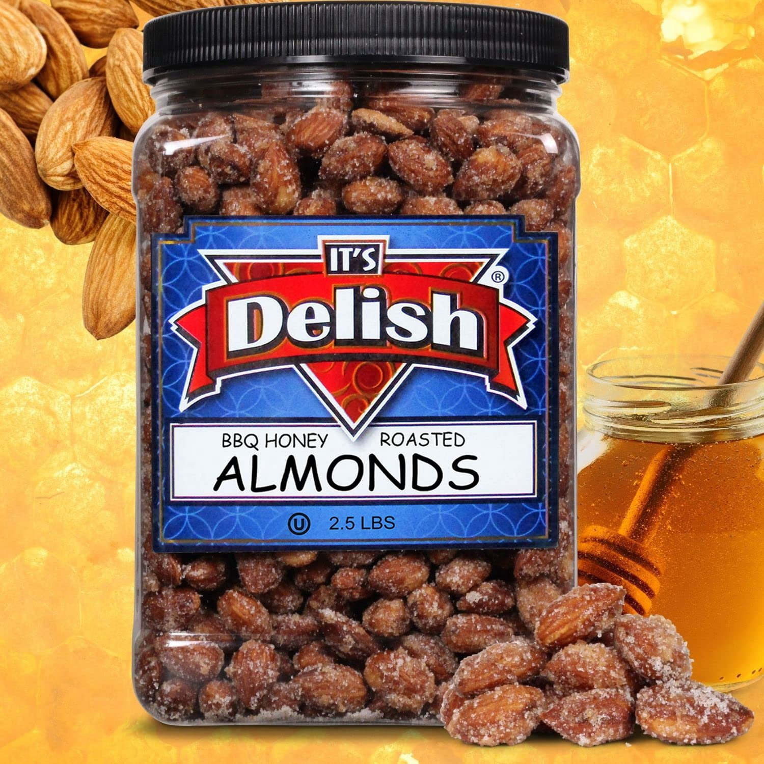 BBQ Honey Roasted Almonds by It's Delish, 2.5 LBS Reusable Jumbo Container  Gourmet Almonds in Honey Sugar Coating and Barbecue Seasoning, Sweet & Savory Seed Snack - Vegan, Kosher Parve