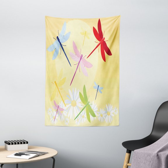 Dragonfly Tapestry, Flower Field in Spring Season with Chamomiles and Sun Figure on the Back Graphic, Wall Hanging for Bedroom Living Room Dorm Decor, 40W X 60L Inches, Multicolor, by Ambesonne