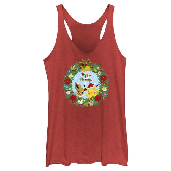 Women's Pokemon Pikachu and Eevee Happy Holidays Racerback Tank Top Red Heather 2X Large