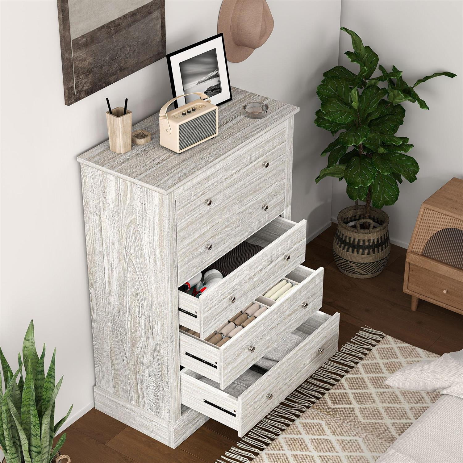 Demi Bonn Wooden 5 Drawer Chest, Farmhouse Style Dresser with Solid Wood Top for Living Room, Storage Bedside Table, Beige