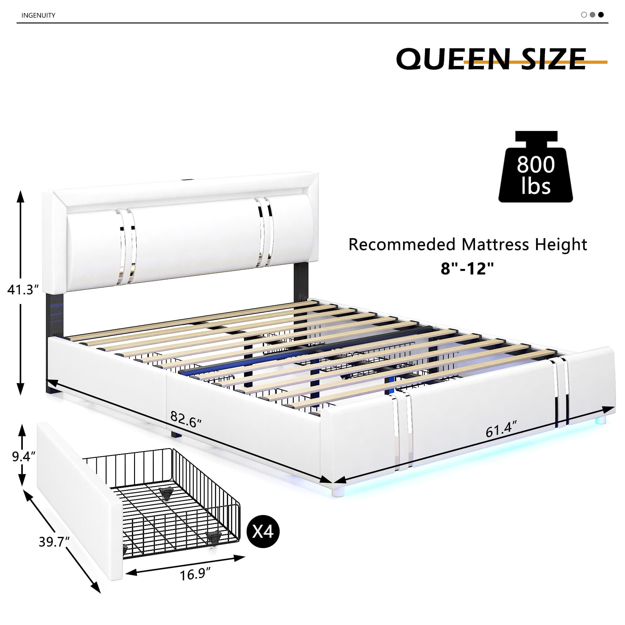 Blotout Faux Leather Bed Frame Queen Size with 4 Drawers & USB Charging Station & LED Light Headboard Footboard, Modern Upholstered Platform Bed, No Box Spring Needed, White