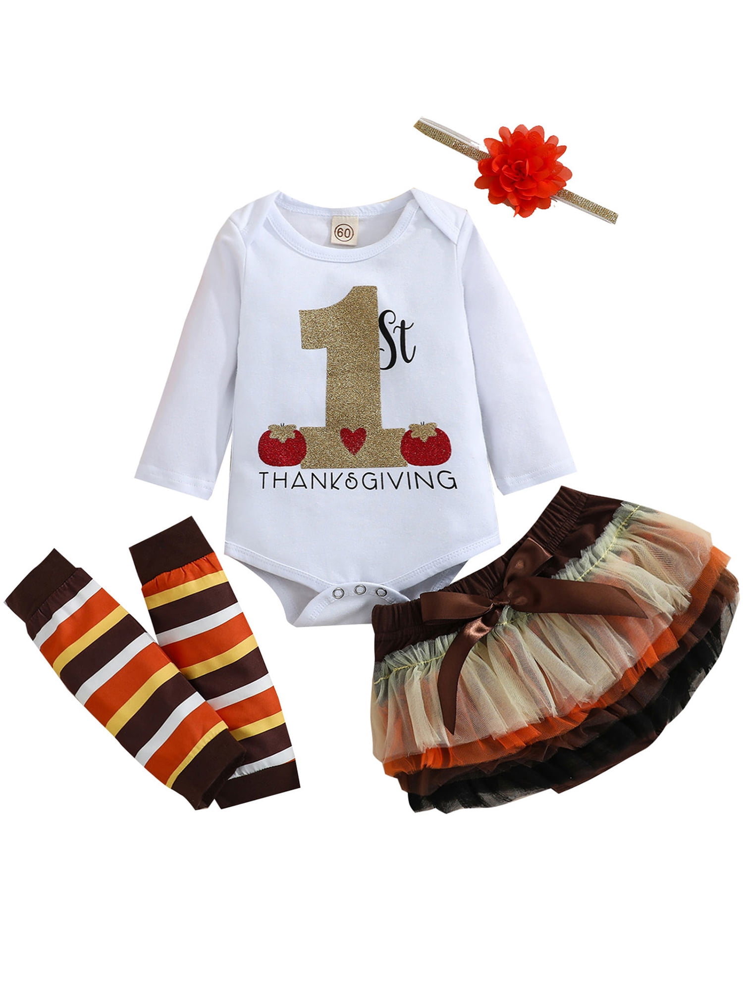 Baby Girl My First Thanksgiving Outfit Turkey Letter Romper+Tutu Skirt+Leg Warmers+Headband Clothes Set Fall 