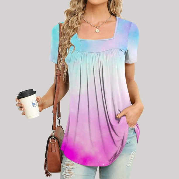 ICHUANYI Clearance Women Fashion Printed Casual V-Neck Short Sleeve Loose T-Shirt Blouse Tops(Blue, L) ICHUANYI WER2023080810523