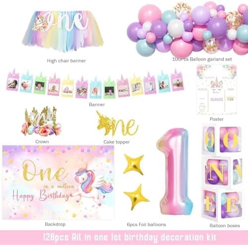 Unicorn 1st Birthday Decorations for Girls, 1st Birthday Decorations Girl, Unicorn One in a Million Backdrop Balloon Banner Box Crown Poster for Pastel One Year Old Party Supplies