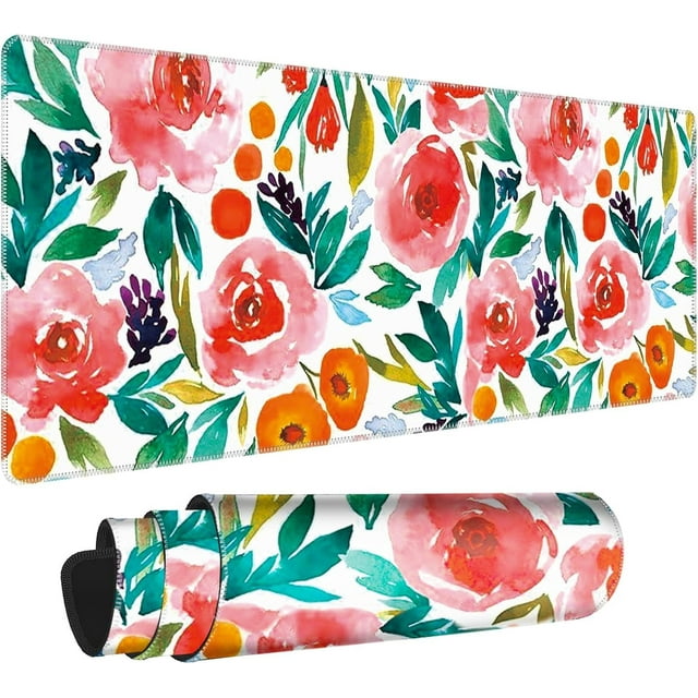 Large Gaming Mouse Pad, Extended XL Mouse Pad, Non-Slip Base Mousepad with Stitched Edge, Watercolor Floral Desk Mat for Keyboard and Mouse, 31.5x11.8 inch