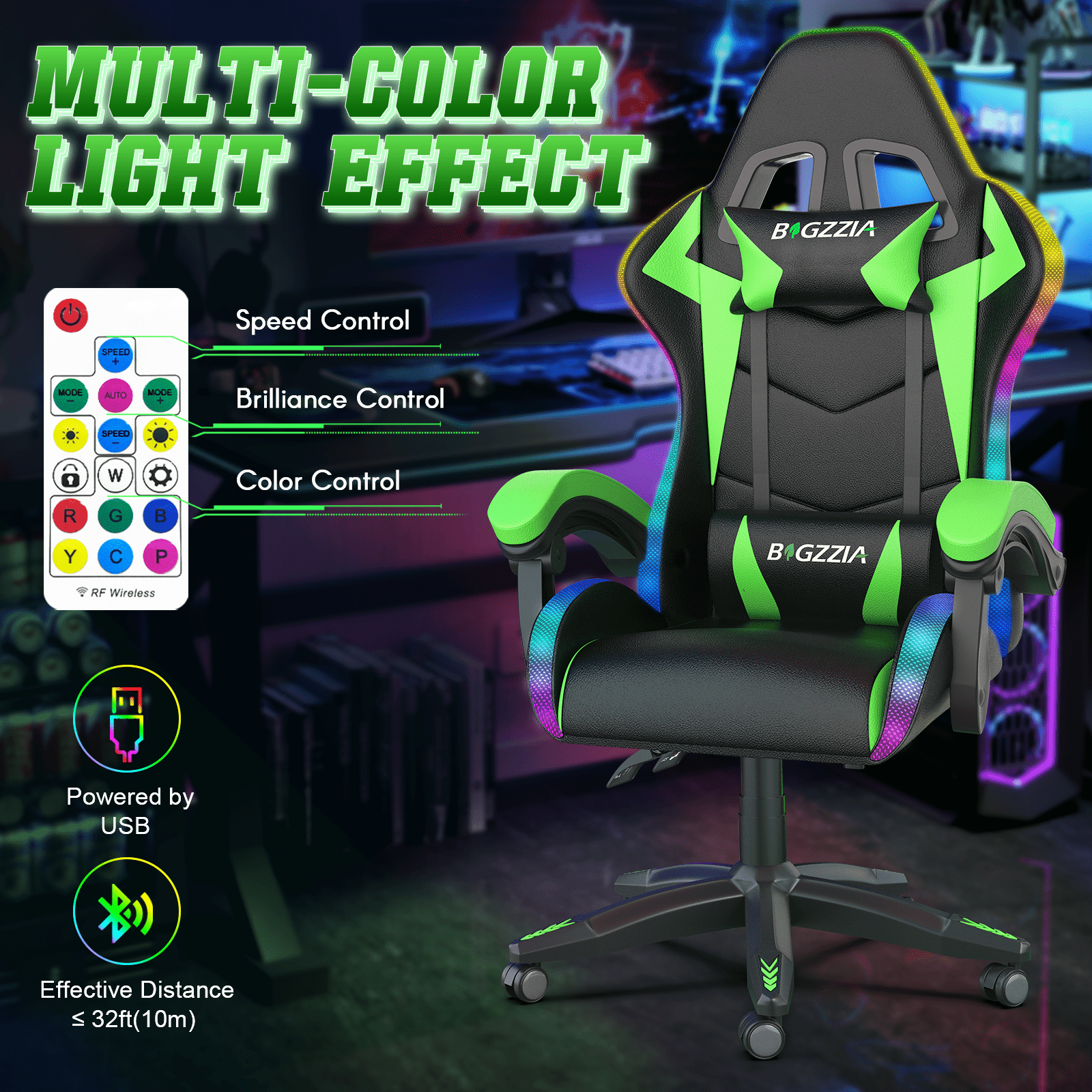 Bigzzia Gaming Chair with LED Lights Ergonomic Office Chair for Adults and Kids - Adjustable Height, 360° Swivel, Headrest Support, Mesh PU Leather, Black & Green