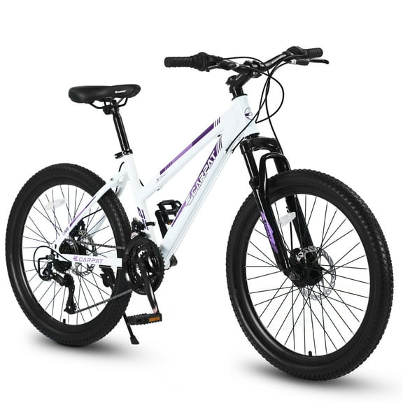 imerelez 24 Inch Women's Mountain Bike for Adults - 21 Speed Hybrid Commuter Bicycle, Disc Brakes, 100mm Front Suspension, White