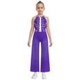 thumbnail image 2 of Sholeno Kids Girls Lyrical Latin Jazz Dance Jumpsuit Shiny Dance Romper Gymnastics Leotard Wide Leg Bodysuit Purple 8, 2 of 6