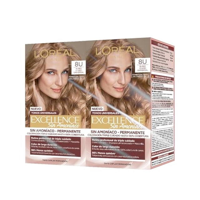 Pack de 2 Tintes sin Amoniaco L'Oréal Paris Excellence Tono 8U Rubio Claro Universal - Coloración Pr