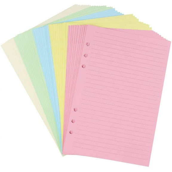 A5 Colorful 6-Hole Punched Ruled Refills Inserts for Personal Size Organizer Binder, 5-Color Loose Leaf Planner Filler Paper, 50 Sheets/100 Pages,Ruled
