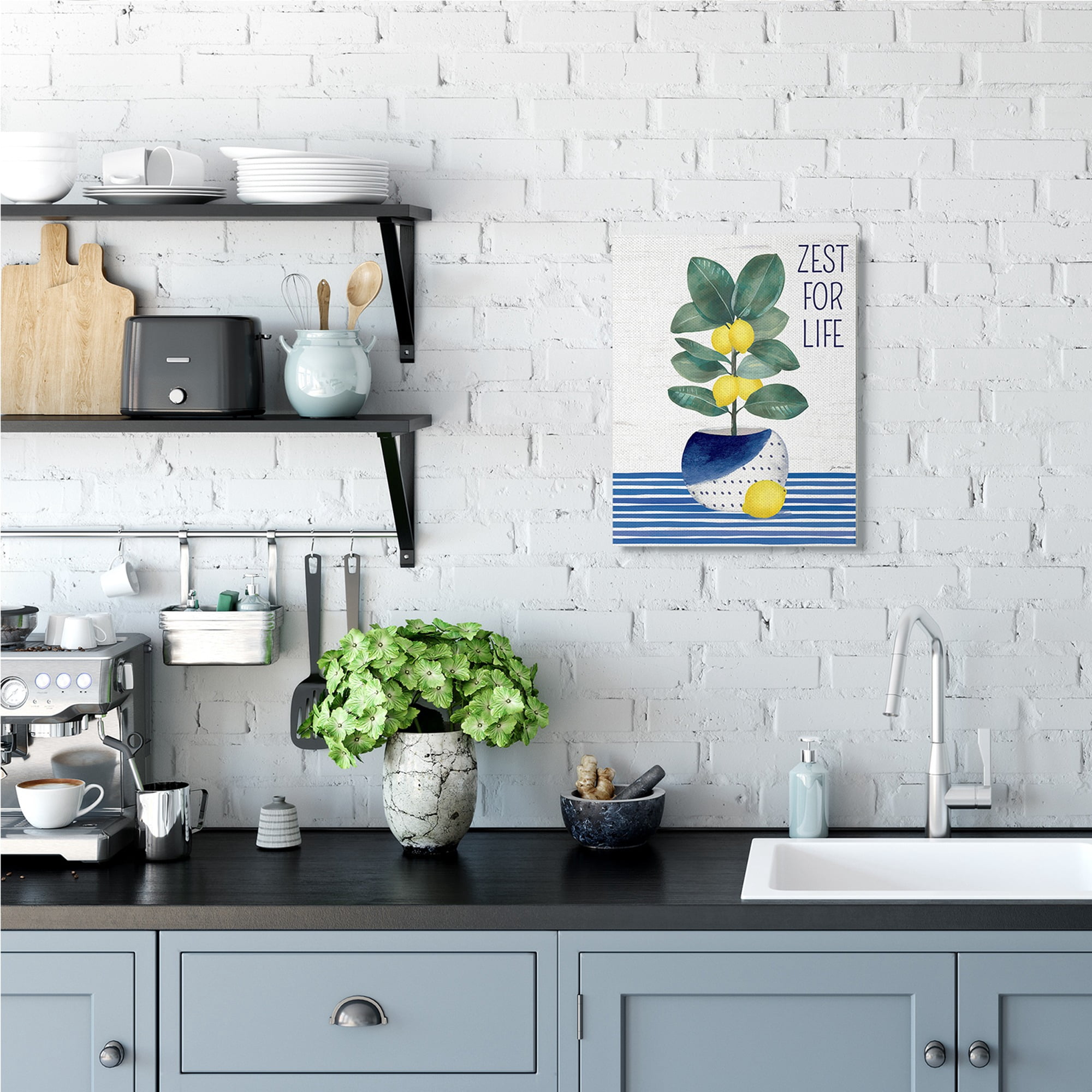 Stupell Industries Zest For Life Lemon Plant Blue Stripes Botanical & Floral Painting Gallery Wrapped Canvas Art Print Wall Art, 16 x 20