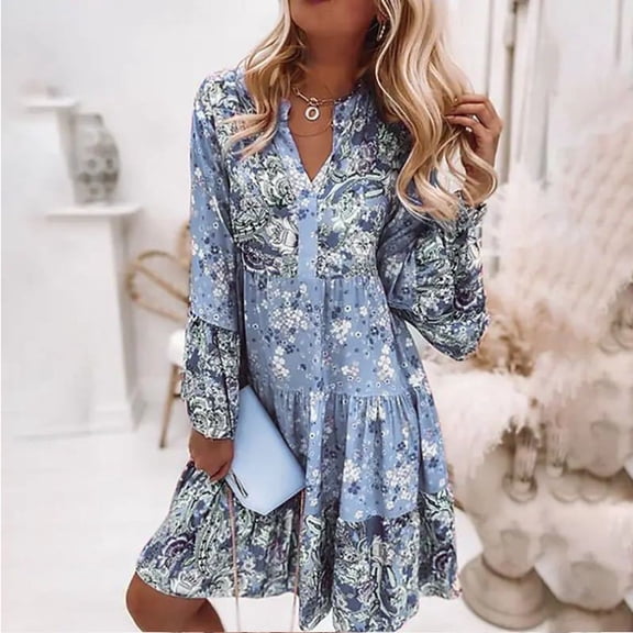 Women's Long Sleeve Dress Print A-line Elegant Pleated Casual Beach Skater Dress Flared Sleeve V-Neck Midi Dresses