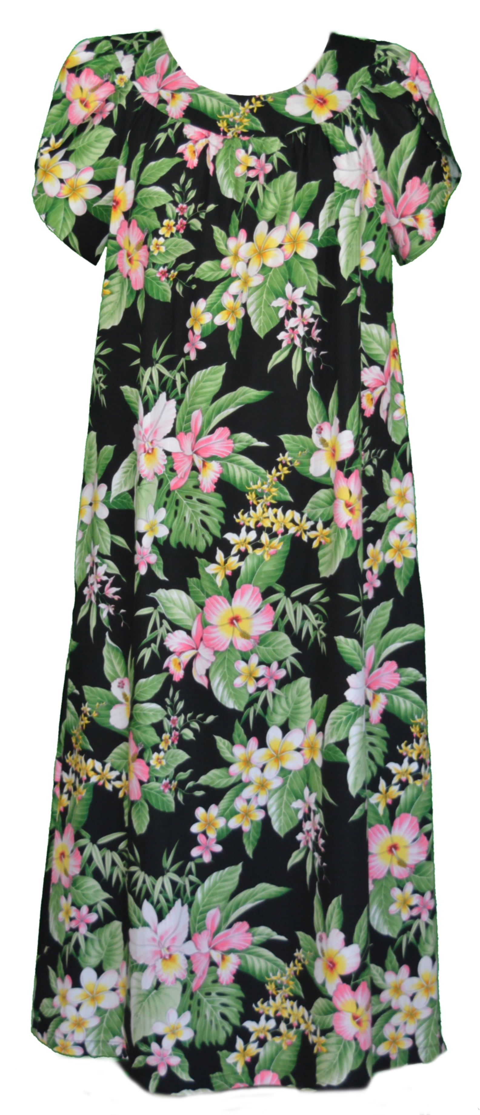 RJC Women's Tropical Hibiscus Muumuu Dress - Black, Tea Length, Side Pockets, Sizes S-3X Plus