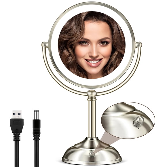 MOMOKUBA Makeup Mirror with Lights, 9" 20X Magnifying Mirror with Light and 3 Colors, Vanity Mirror with Lights and Adjustable Brightness, 2-Sided Des