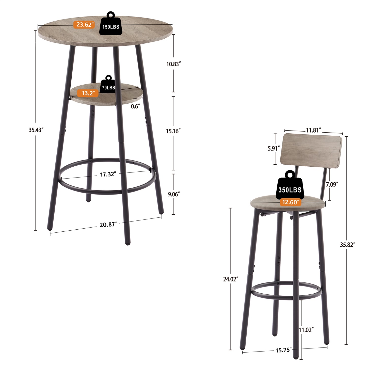 Hommoo 3 Piece Dining Pub Set Counter Height with backrest Barstools, Modern Round Dining Table Set for 2, Small Bar Table Set,Gray